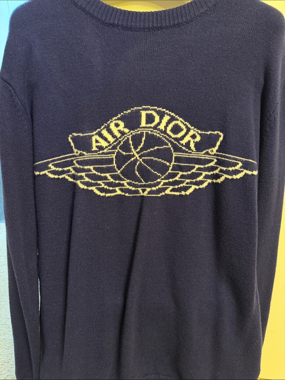 Dior Navy Crewneck Sweater with Yellow Air Dior Logo